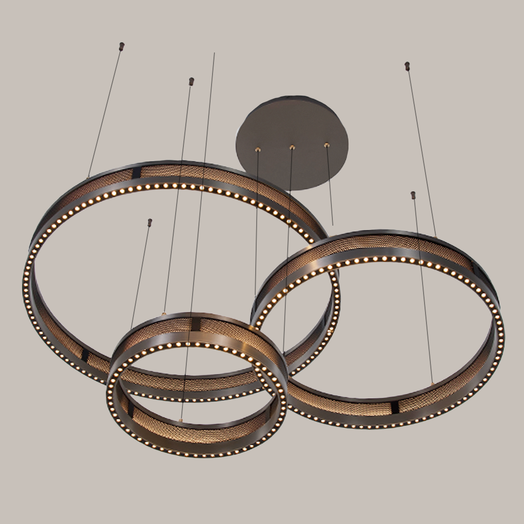 Titan Rings gunmetal ring chandelier, three rings with beaded LED edges and a round ceiling canopy on a gray background